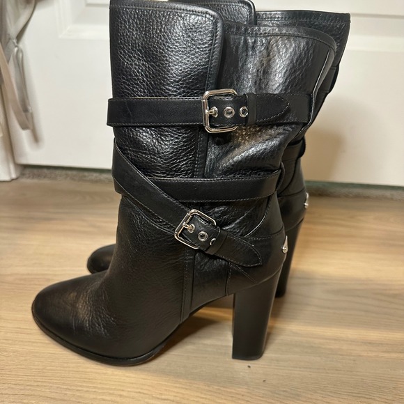 Coach Buckle Mid Calf Boots Black pebbled Leather Size 8B Alexandra Chunky Heel - Picture 2 of 12